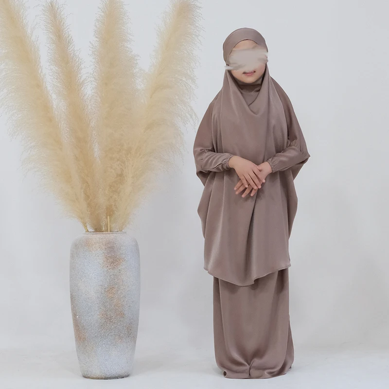 Girls Jilbabs High Quality Ramadan Muslim EID Kids Prayer Dress Long Hijab Top and Skirt Children Two Piece Jilbabs Abaya Set