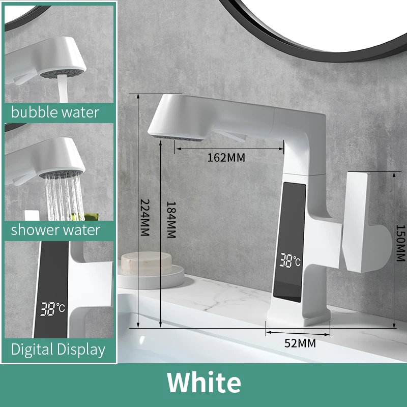 Modern Pull Out Intelligent Digital 360 Degree Rotary solid Brass pull out wash Basin Faucet Hot and Cold Mixer Tap