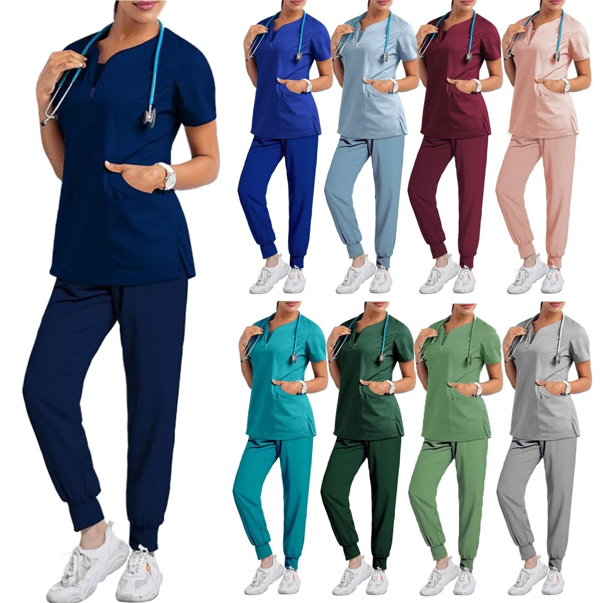 DOVEARK TEM Elastic Surgical Gowns V Neck Short Sleeve Unisex Dental Oral Hospital Medical Doctor Nurse Suit Set Clothes Uniform
