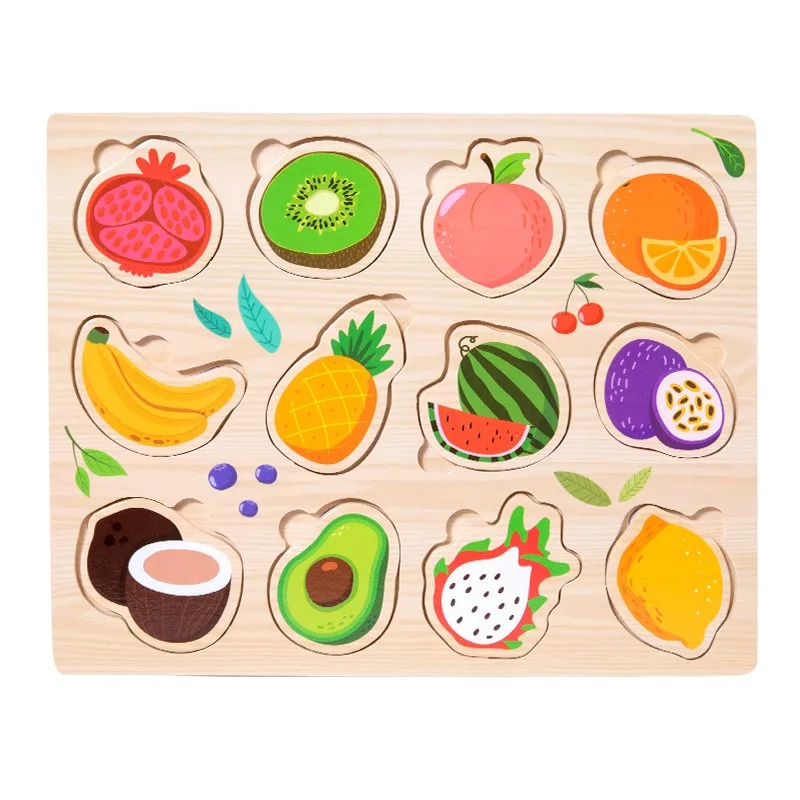 Montessori wooden jigsaw puzzle  hand grasp plate toys infant education 3 d puzzle toy animal cartoon vehicle fruits