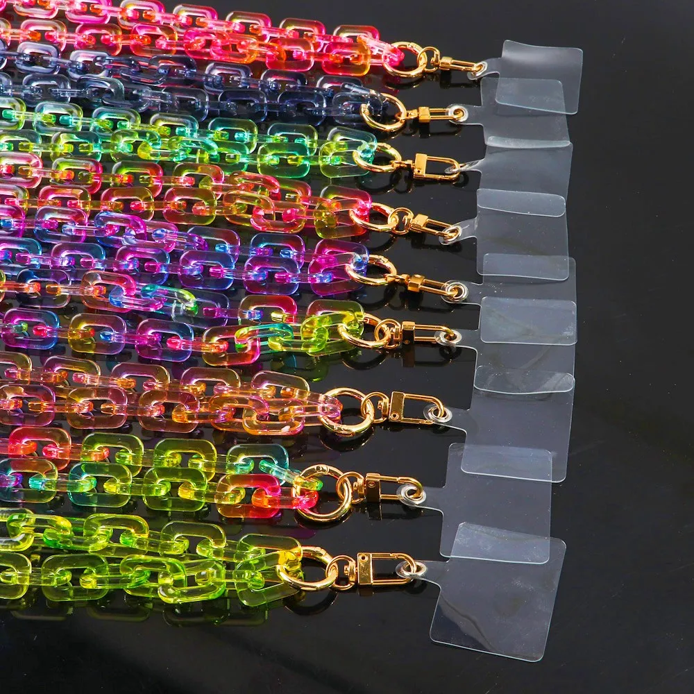 Wholesale new rainbow transparent mixed color fluorescent cute chain hanging neck long necklace 80cm acrylic Cell phone chain
