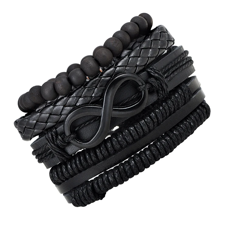 Hot Selling Mens Accessory Braided Black Leather Beads Bracelet for Men