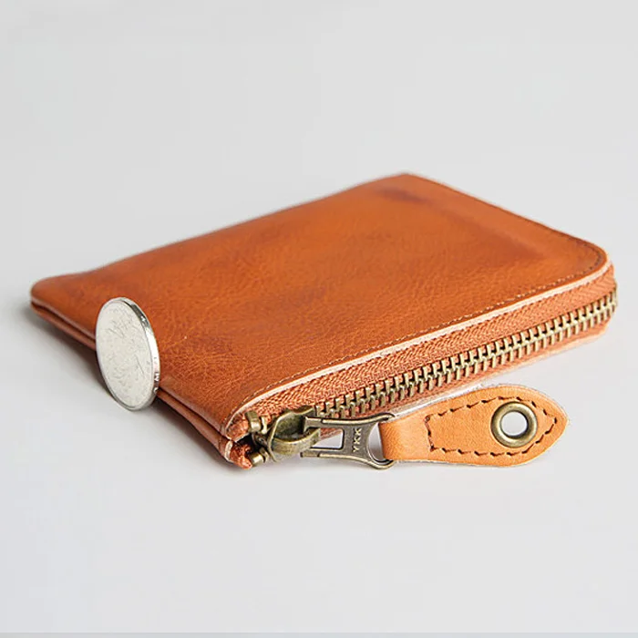 Vintage Handmade Genuine Leather Simple Cards Organize Wallet Small Coin Pouch Zipper Hand Purse