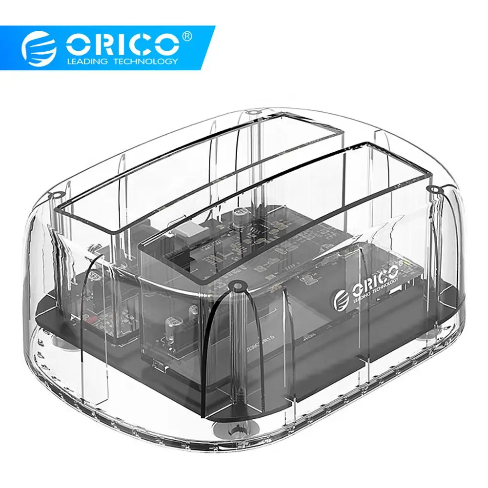 ORICO Transparent Clone 2 Bay 2.5/3.5 Inch Docking Station Duplicator 5Gbps USB3.0 20TB HDD SSD 12V3A Hard Drive Dock 6239U3-C