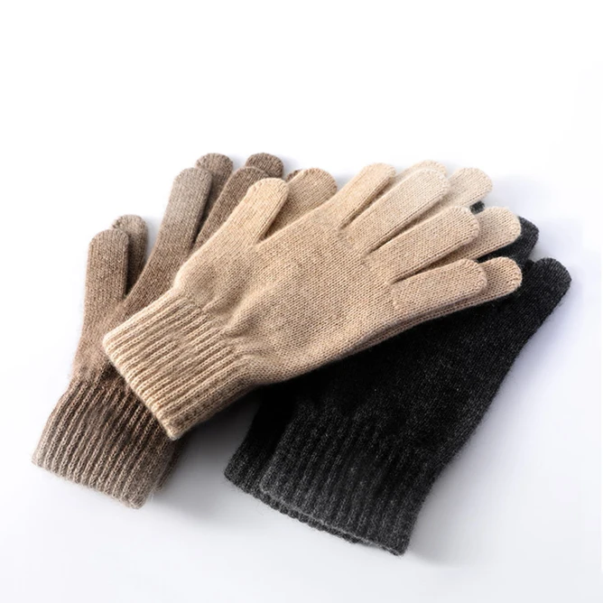 Оптовая продажа, роскошные эластичные полосатые трикотажные варежки с пятью пальцами, легкие теплые женские вязаные перчатки из 100% чистого кашемира на заказ