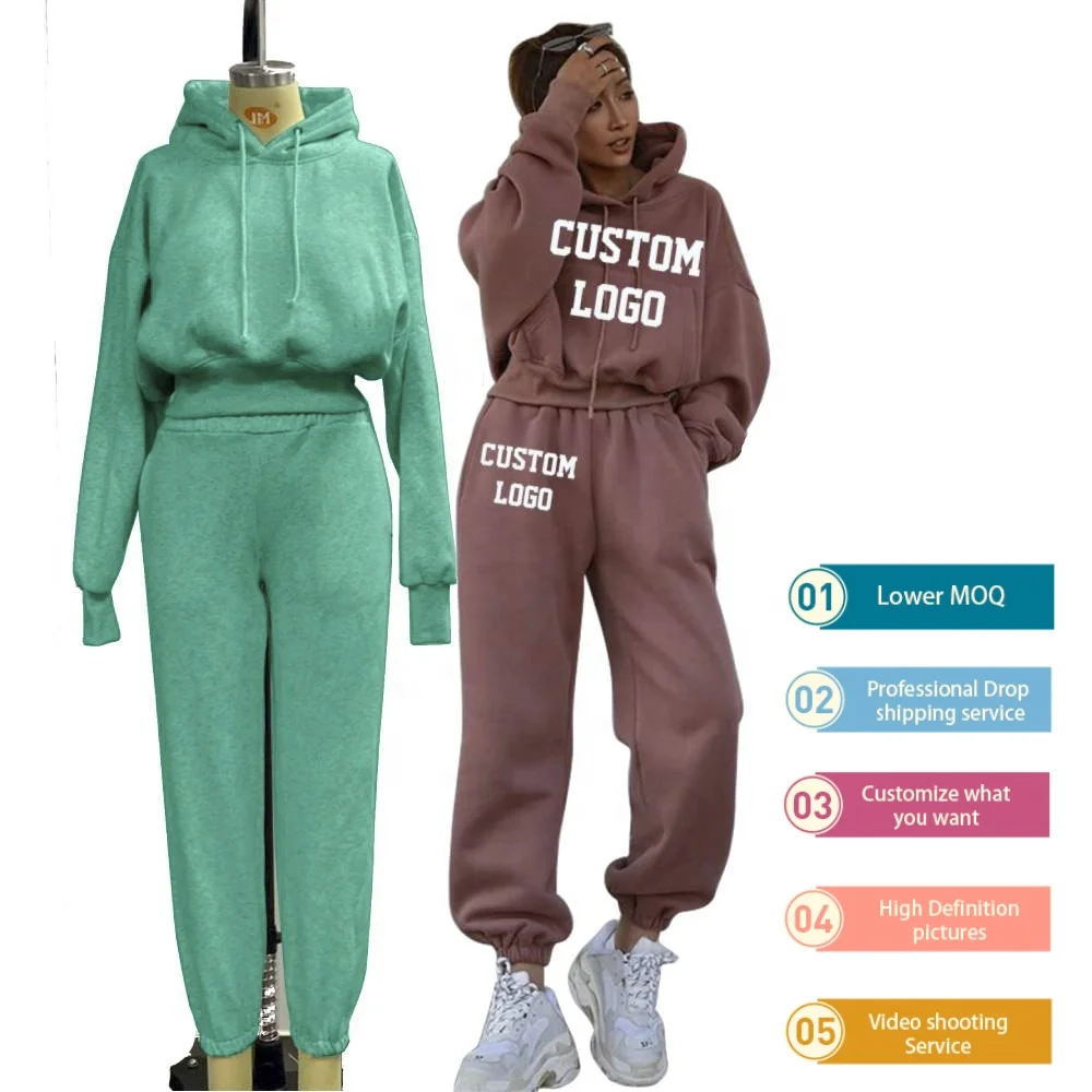 2022 Winter  Women Custom Logo Outfits Casual conjunto de sudadera Womens Tracksuits Oversized Crop Top Women Hoodie 2 pcs Set