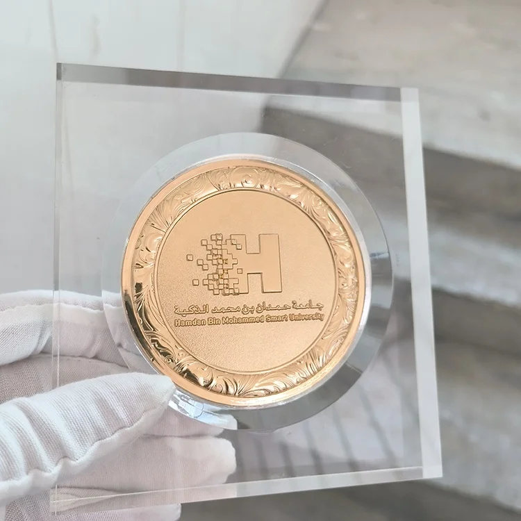 Company logo Acrylic Holder Middle East Arabic  Custom Metal Coin Award Trophy