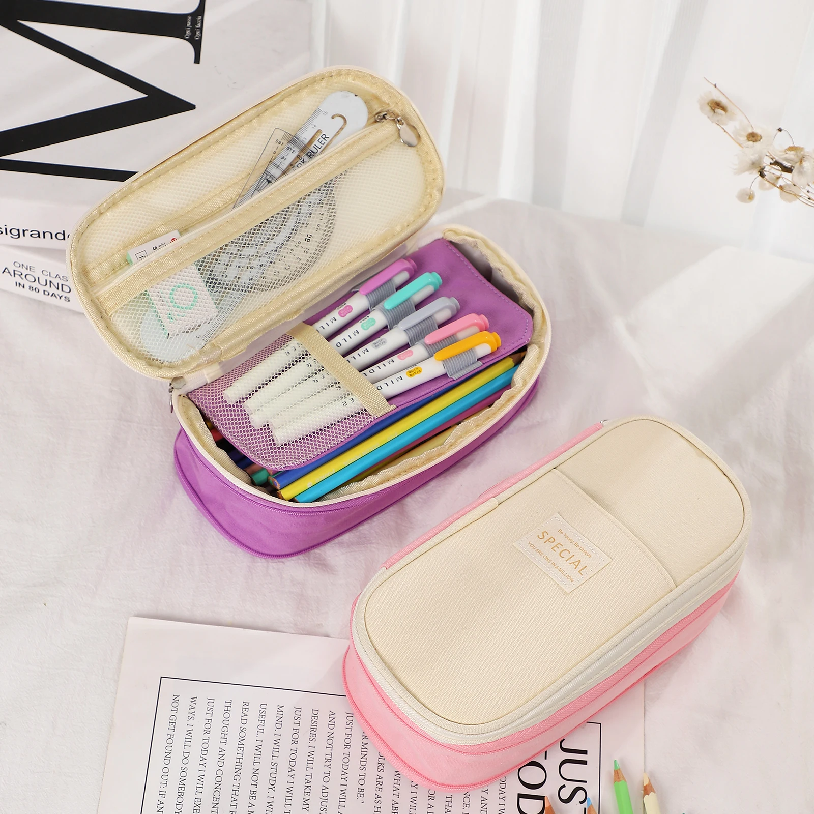 Multifunction Macaron Color Large Capacity Zipper Pencil Case Simple School Office Storage Canvas Pencil Bag Stationery Supplies