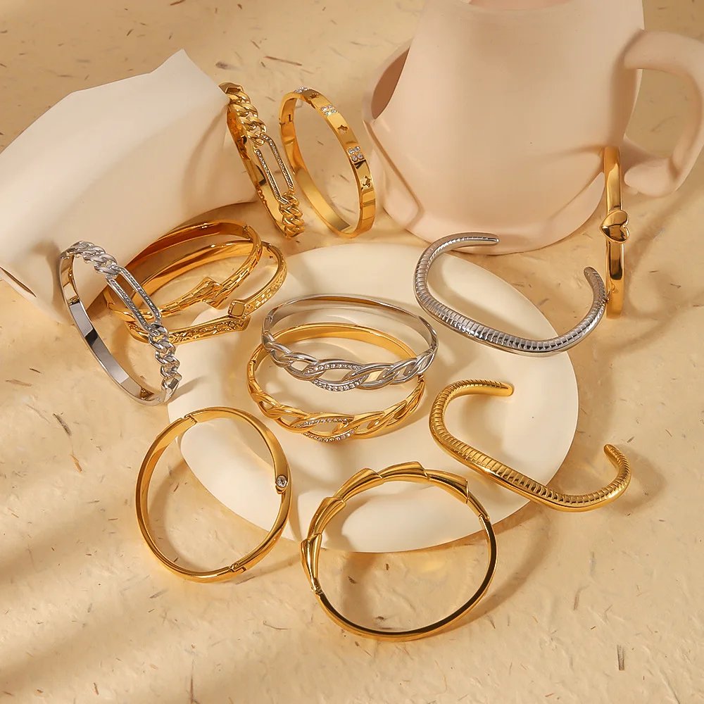 stylish gold plated bracelet Stylish Cubic Zirconia Stainless Steel Wrist Bangle Bracelet 18K Gold Plated Waterproof Jewelry