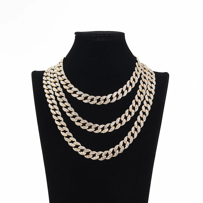 Iced Out Bling Rhinestone Golden Hip hop Jewelry Choker Necklace Finish Miami Cuban Link Chain Necklaces for Men Rapper