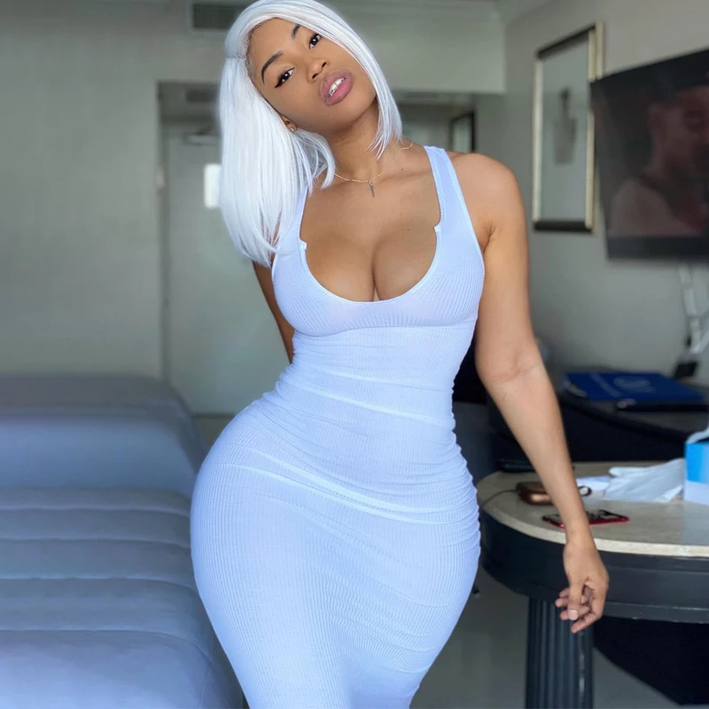 
2021 Woman Fall Full White Bodycon Dresses Rib Knit Sexy Solid Outfit Long Dress For Ladies Elegant Maxi Casual Sleeveless Wear 