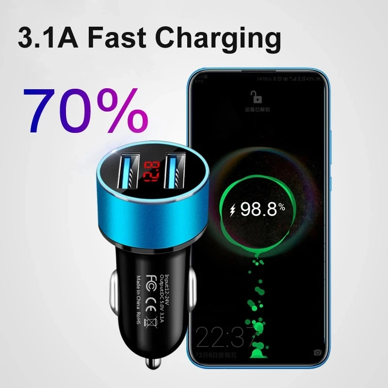 3.1A Car Charger Portable Car Cigarette Lighter Adapter Universal LED Display Dual USB Car Charger Adapter For iPhone 11 12 13