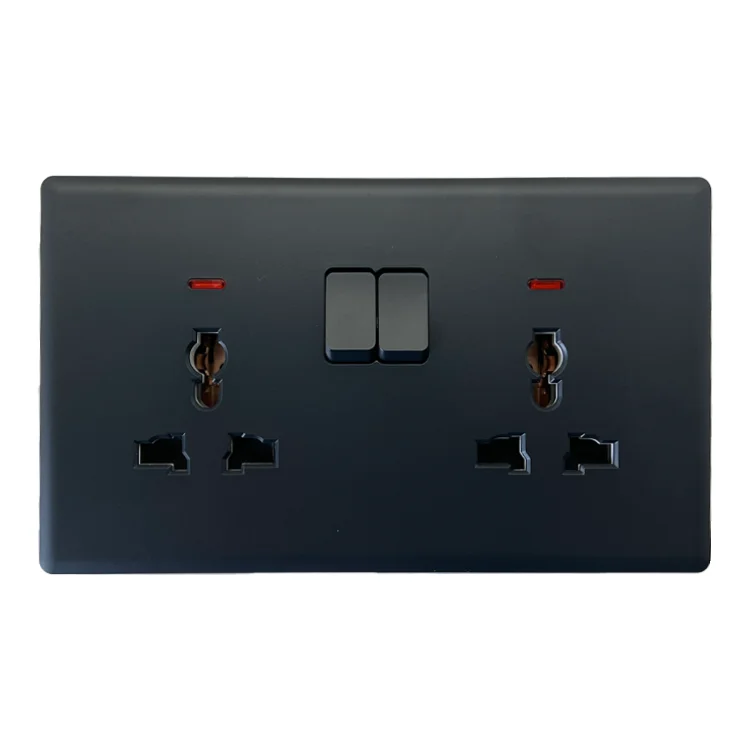 2024 Factory Black Color 15A/16A 2 Gang With Neon UK Standard Grounding PC Material  For  Electrical Home
