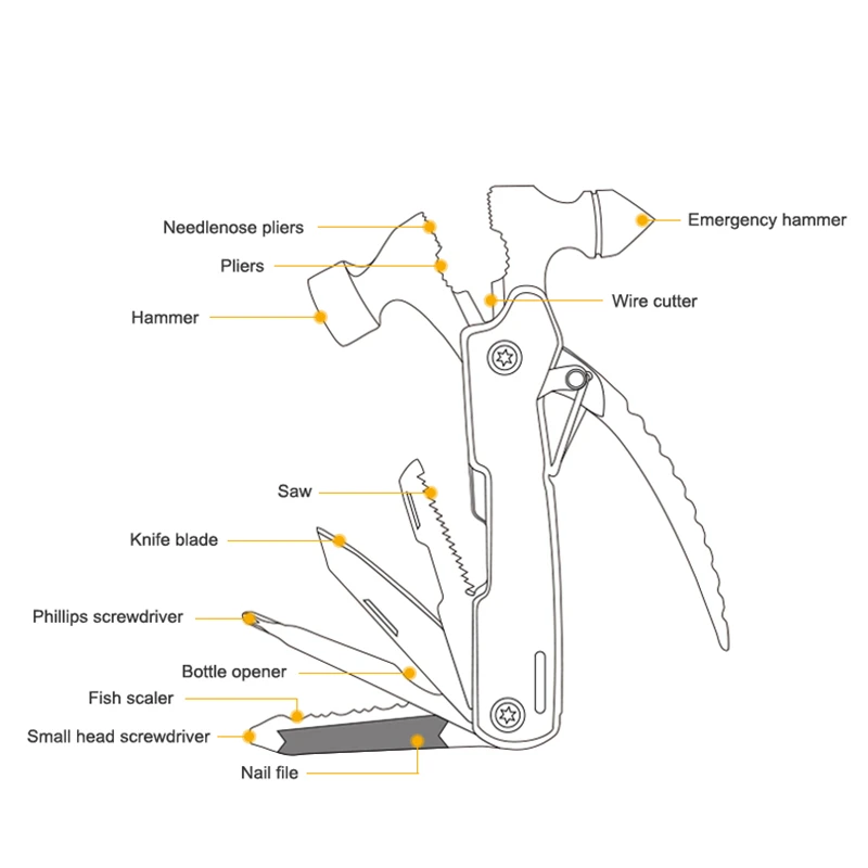 MF-73AH Multi Purpose Exploring Camping Hiking Portable Folding 12-In-1 Multifunctional Hammer