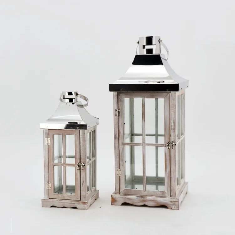 Set of 2 High Quality wooden lantern  with silver roop stand  Home Garden Decoration