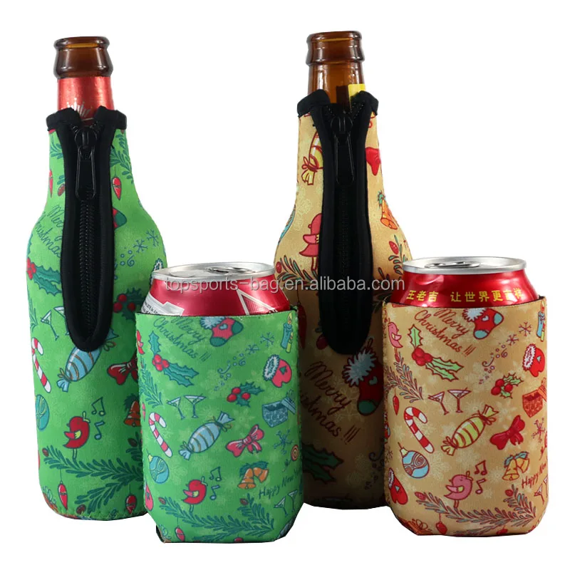 Full Sublimation Zipper Closure Neoprene Beer Bottle Holder Christmas Beer Bottle Insulator Sleeve