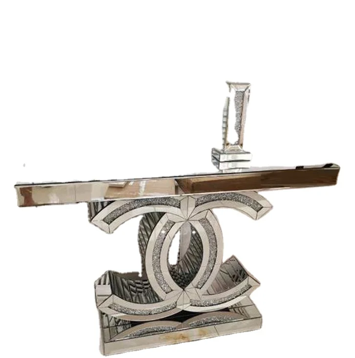 Light Luxury Hallway Decoration Furniture CC Crushed Diamond Console Table With 3D Round Wall Mirror Set