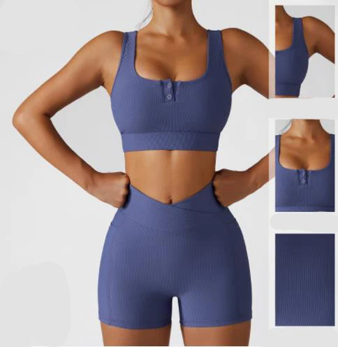 Pashasunshine Front Button Crop Top Shorts Sets Ribbed Seamless Fitness Wear Plain Workout Bra V Shorts Sets Yoga Wear