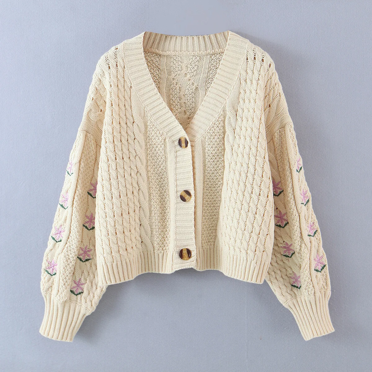 Custom Logo Autumn Fashion Flower Embroidery Twists V-neck Lantern Sleeve Cardigan Women Sweater Knit Cardigans Coats