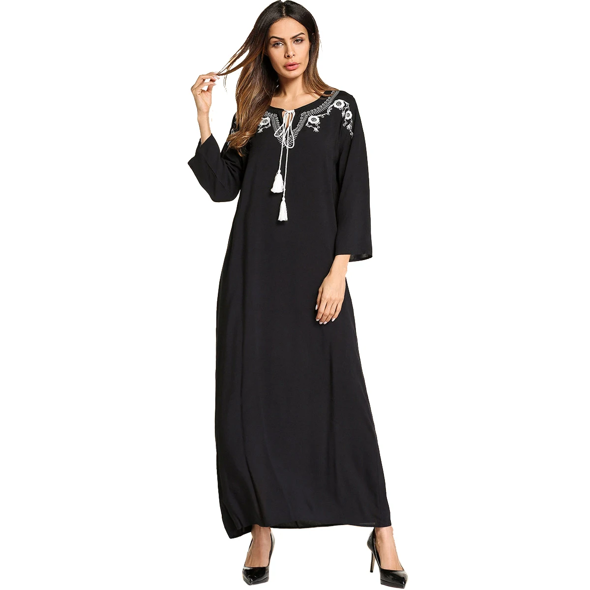
Latest Elegant Arab Women Black abaya Embroidery Long Sleeve islamic clothing 