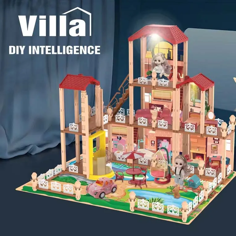 2024 Girls toy DIY assemble pretend play doll house 3D house with light furniture toys