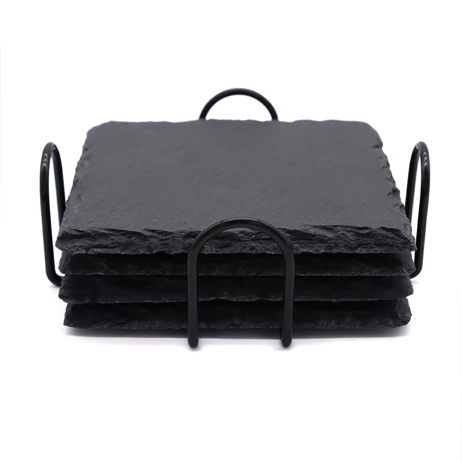 4 PC 4 Inch Square Black Slate Drink Stone Coasters Set with Anti-Scratch Bottom and Holder for Bar Kitchen Home Dinner Supplies
