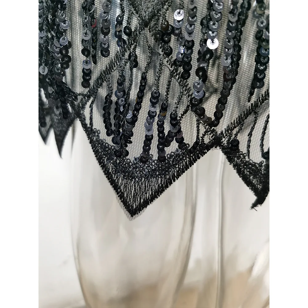 2021 Luxury High Quality Temperament Sexy Short Sleeve Black Tassel Sequins Formal Elegant Evening Dress