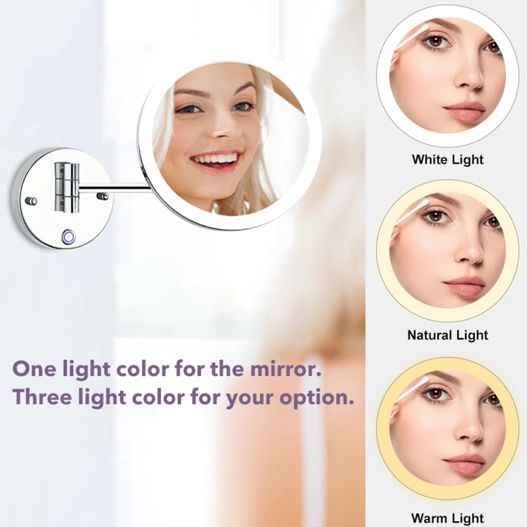 Wholesale Prices Custom Logo LED Double Sided Wall Mounted Mirror Retractable Cosmetic Mirror Lighted Makeup Mirror