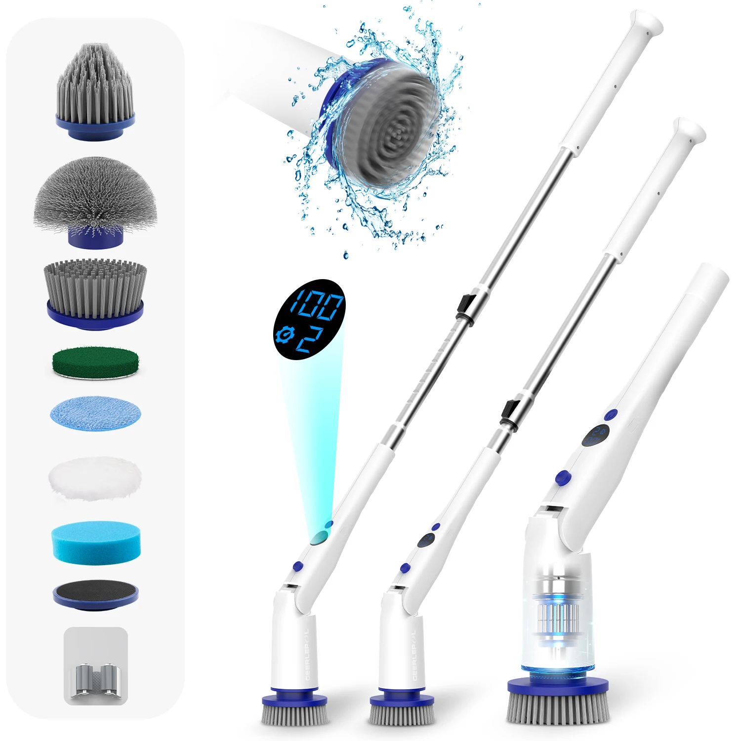 Electric Spin Scrubber Shower with Long Handle Tub Tile Scrubber 6 Replaceable Brush Heads LED Power Spin Scrubbers for Bathroom
