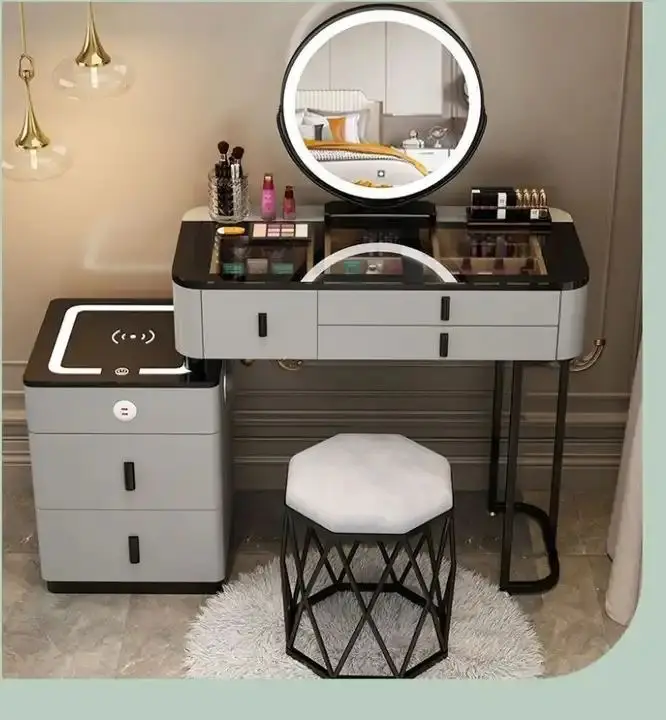 Modern Furniture Vanity Makeup Dresser One Set Design Metal Feet Bedroom Dressing Table With LED Mirror Wireless Charging