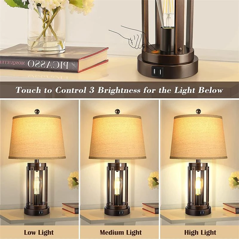 Dimmable Farmhouse Touch Lamps Modern Black Nightstand Desk Lamp with two USB ports for Living Room