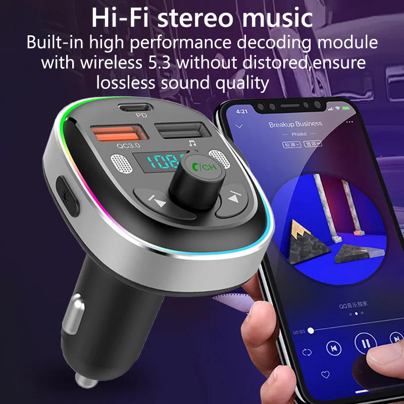 Qc3.0 Pd 30W Fast Charging Usb Car Charger Colorful Light Wireless 5.0 Handsfree Car Kit Fm Transmitter Pd Car Mp3 Player