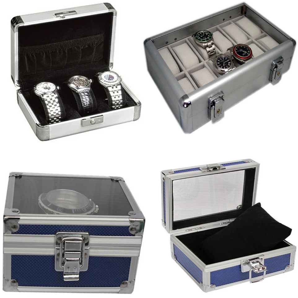 Aluminum box for watch display  and carry Waterproof Shell Watch Case Box  Lock And Handle and pillow inside  logo approve