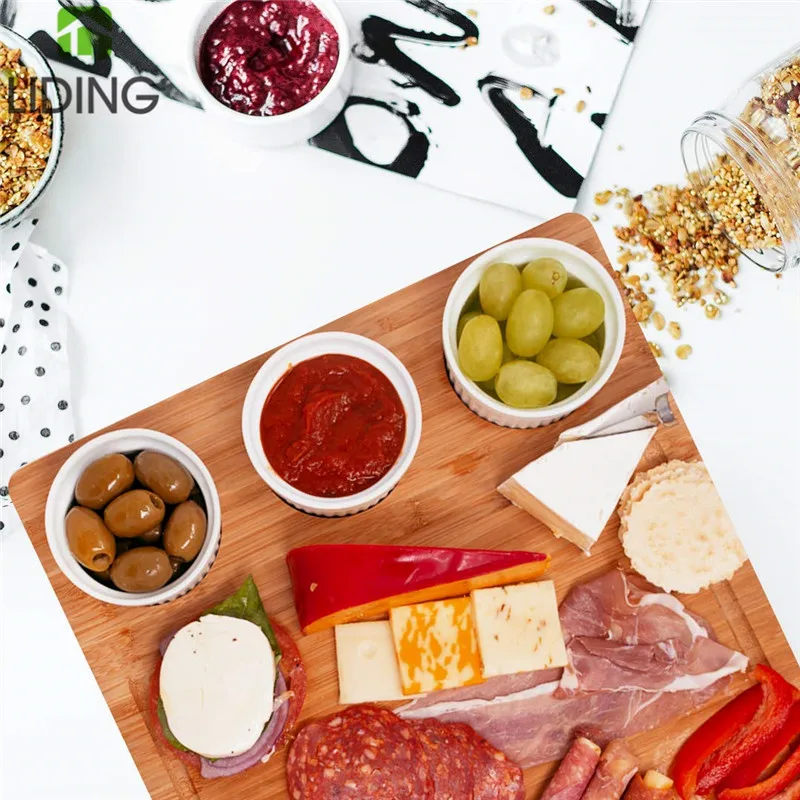 Bamboo Cheese Board Set with Wine Coasters, Ceramic Bowls, Cheese Knives and Knife Holder