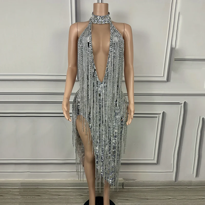 NOVANCE Y3832 Clothing Wholesale Vendors Deep V Neck Sexy Club Gown With Slit To The Hip Halter Tassel Dress