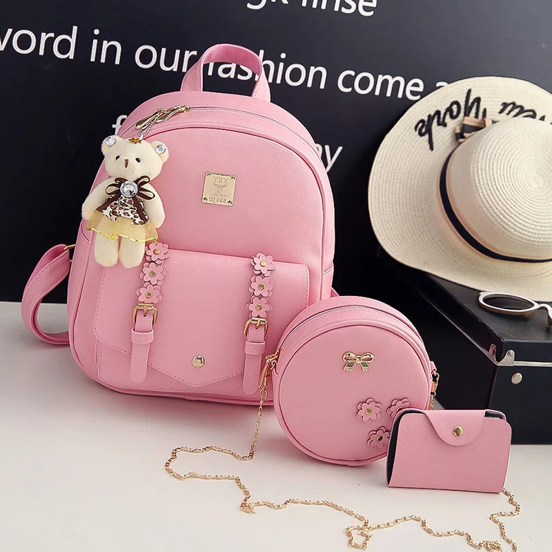 
Wholesale Fashion Waterproof PU Korean Large Capacity Backpack 3 Piece Set Schoolbag with Bear Pendant Girls Handbag 