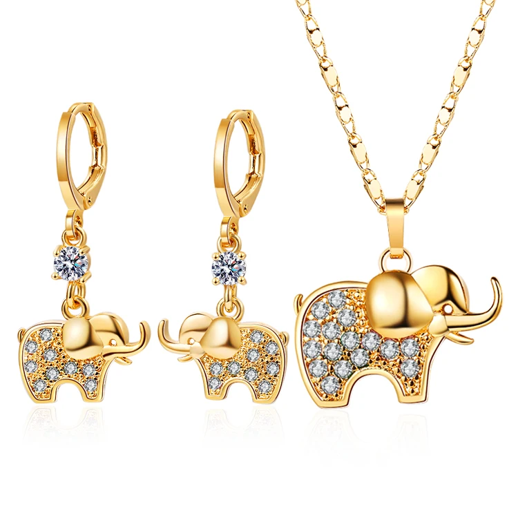 top best selling elephant cute jewellery earring and necklace set for woman cubic zirconia jewelri set 18k gold plated on brass