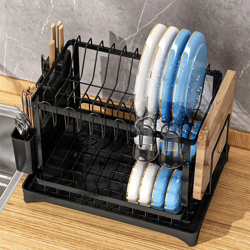 Kitchen Metal 2 Tier Dish Rack Drainboard Set Folding Drying Rack Drainer With Cutlery Drainer