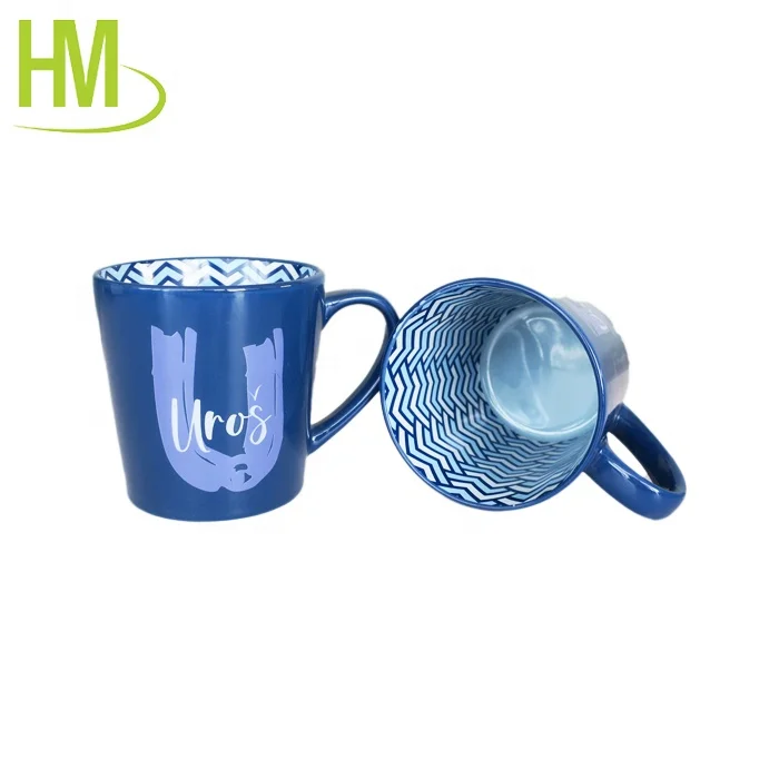 10 oz black glazed embossed funnel ceramic mug custom printed water coffee milk mugs with handle