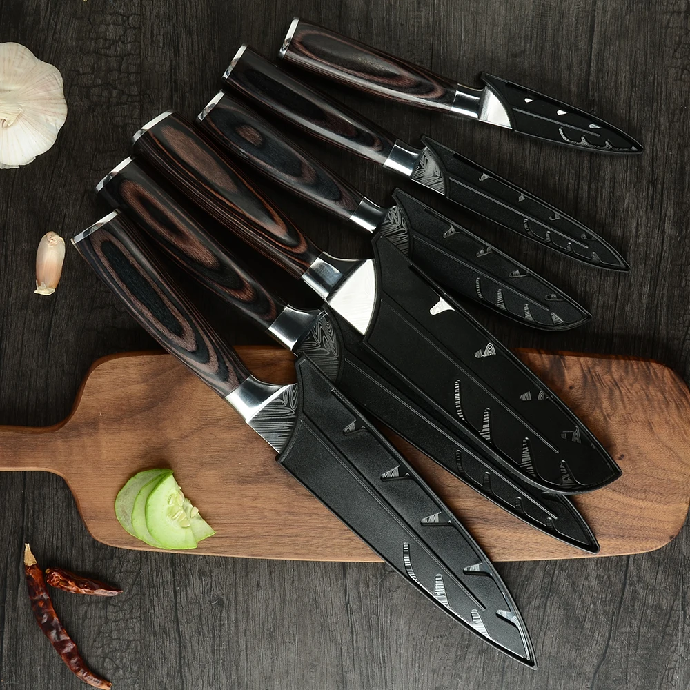Бесплатная доставка, 6 шт., набор кухонных ножей, деревянная ручка pakka 1,4116, немецкий стальной нож, кухонные ножи из нержавеющей стали с крышкой для ножа