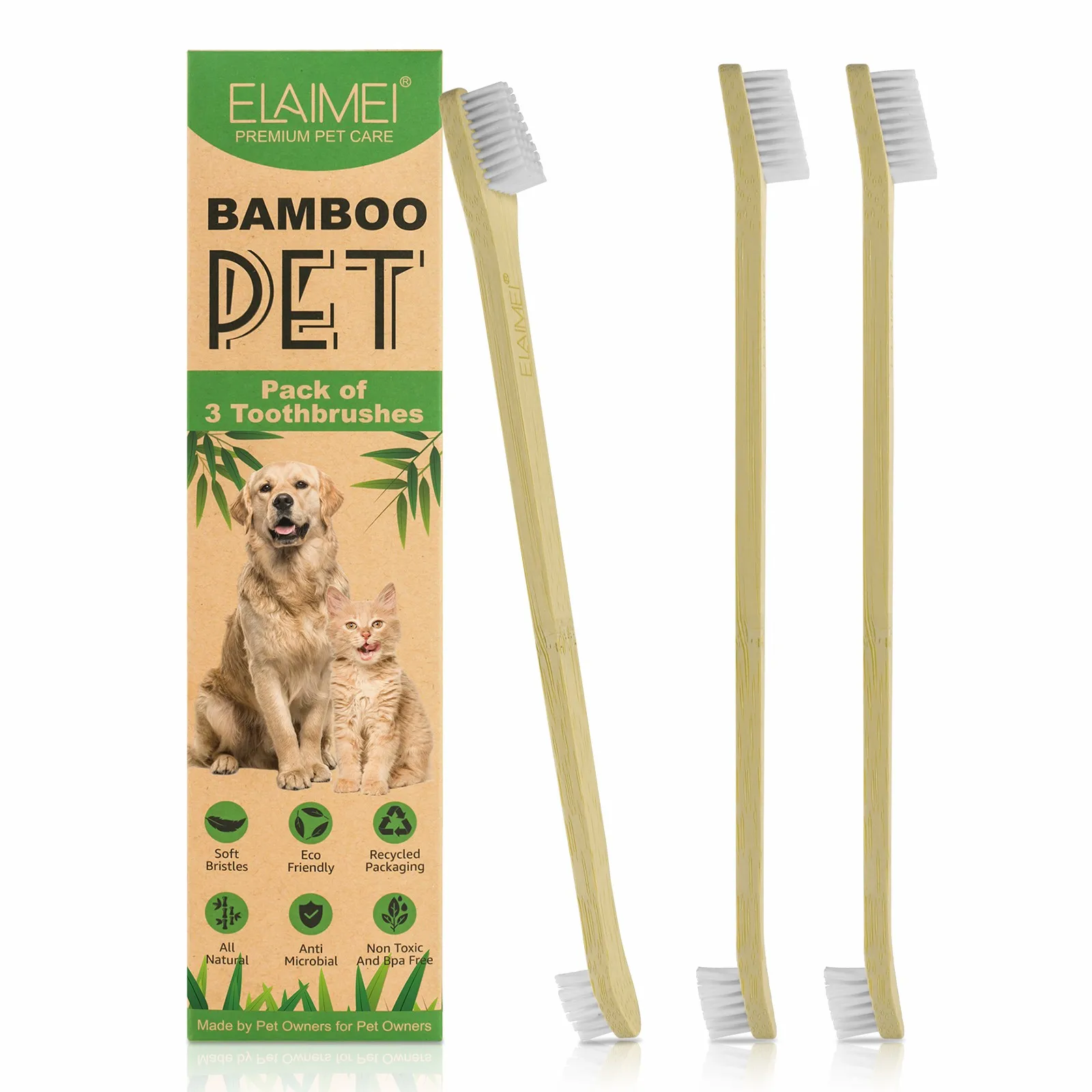 ELAIMEI bamboo pet of 3 toothbrushes