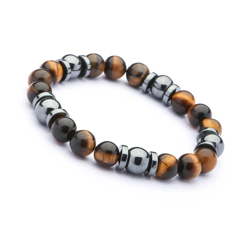 wholesale grade  AB+ natural stone beads natural Gemstone 8mm brown tiger eye stone and hematite men bracelet