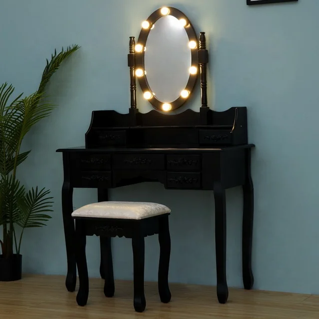 bedroom Bulbs light Luxurious floral carvings modern spacious generous wood multi-storage corner dressing vanity table