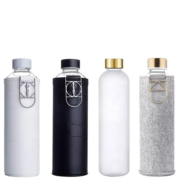 BPA Free Leak Proof Borosilicate Large Glass Water Bottle with Faux Leather Sleeve And Logo