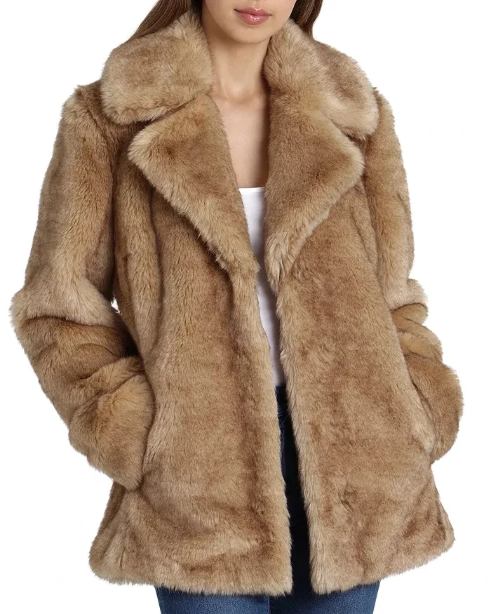 
Fur Long Coat Women Camel Fur Coat Jacket With Two Side Slit Pockets 