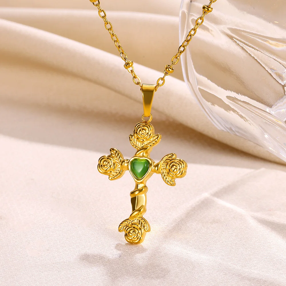 Duoying Stainless Steel Inlaid Natural Stone Rose Flower Shape Heart Gold Plated Cross Necklace For Women Party
