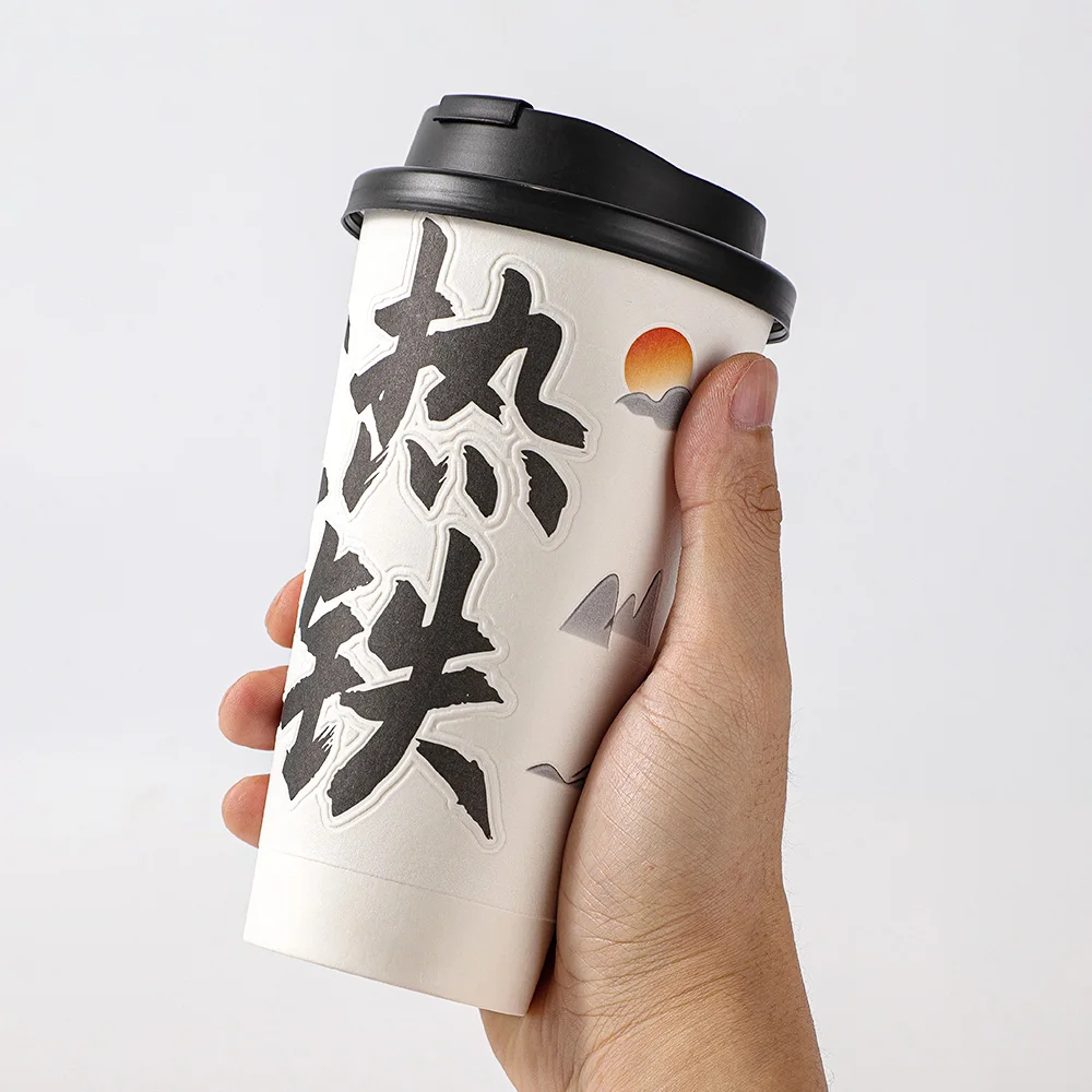 LOKYO Pla flocking degradable take away 8oz 16oz disposable 3D single double wall hot chocolate cocoa coffee paper cups