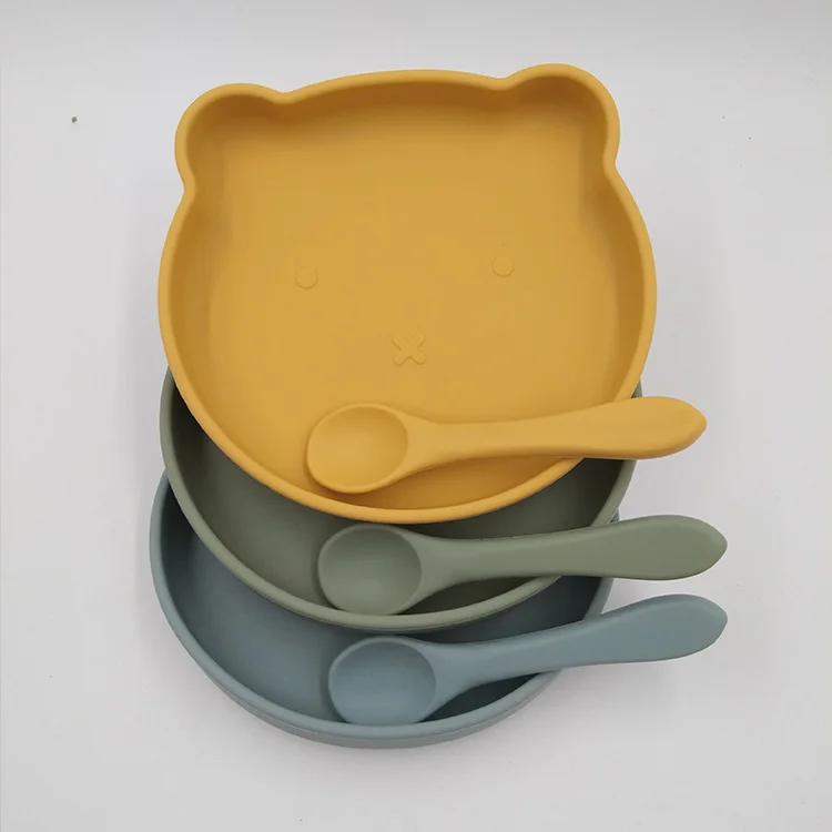 Tableware Suction Bear Shape Kid Dinner Plates Silicone BPA Free Baby Feeding Plate with Spoon