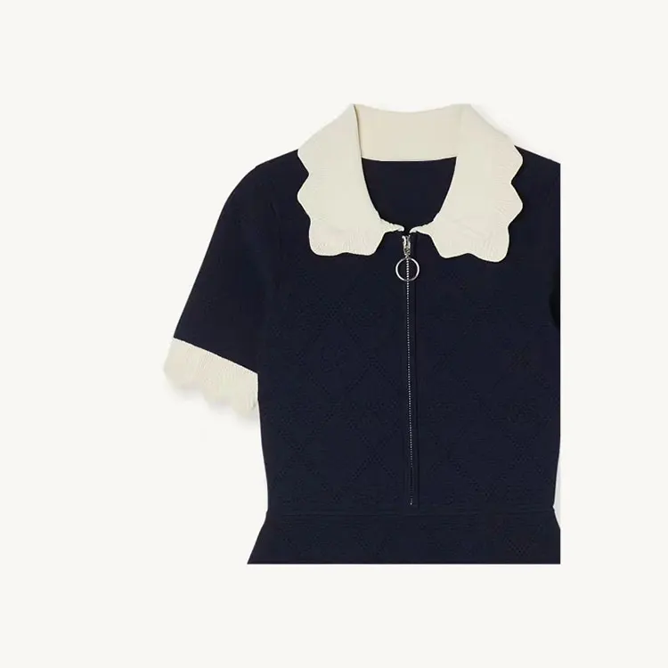 Knitwear manufacturers custom spring summer black lace collar short sleeves women knit sweater dress