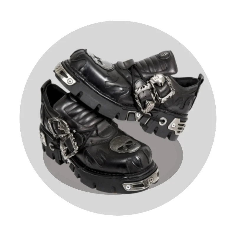 Designer Custom Logo retro rock shoes New black punk small leather shoes Metal niche low top thick sole walking style shoes